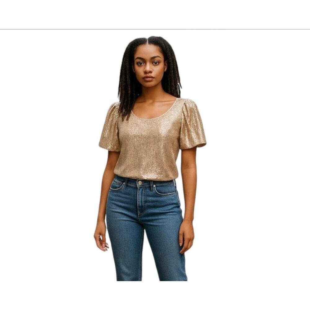 A.U.W. Boutique Gold Sequin Short Balloon Sleeve Scoop Neck Top Size Small